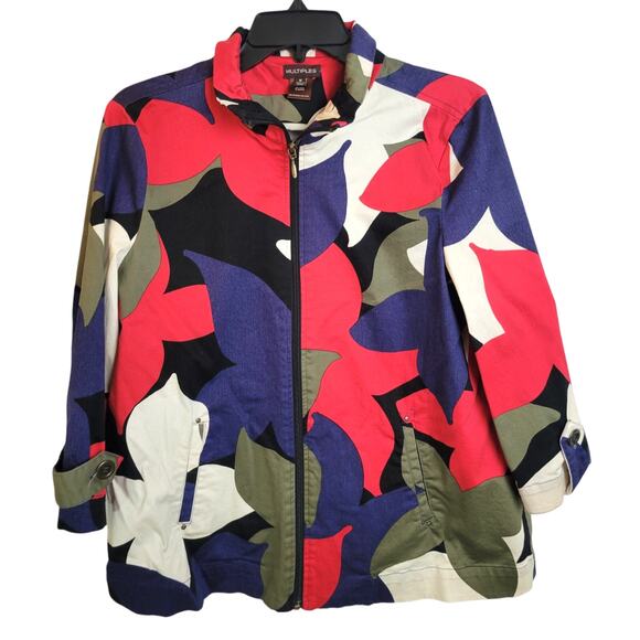 Multiples Red Floral Zip Front Relaxed Long Sleeve Jacket Women's Size Medium - Picture 1 of 12